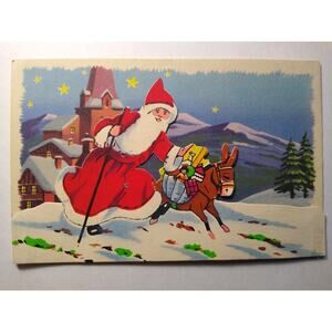 Vintage Fold-Out Santa Claus Christmas Postcard with Donkey and Gifts Diecut